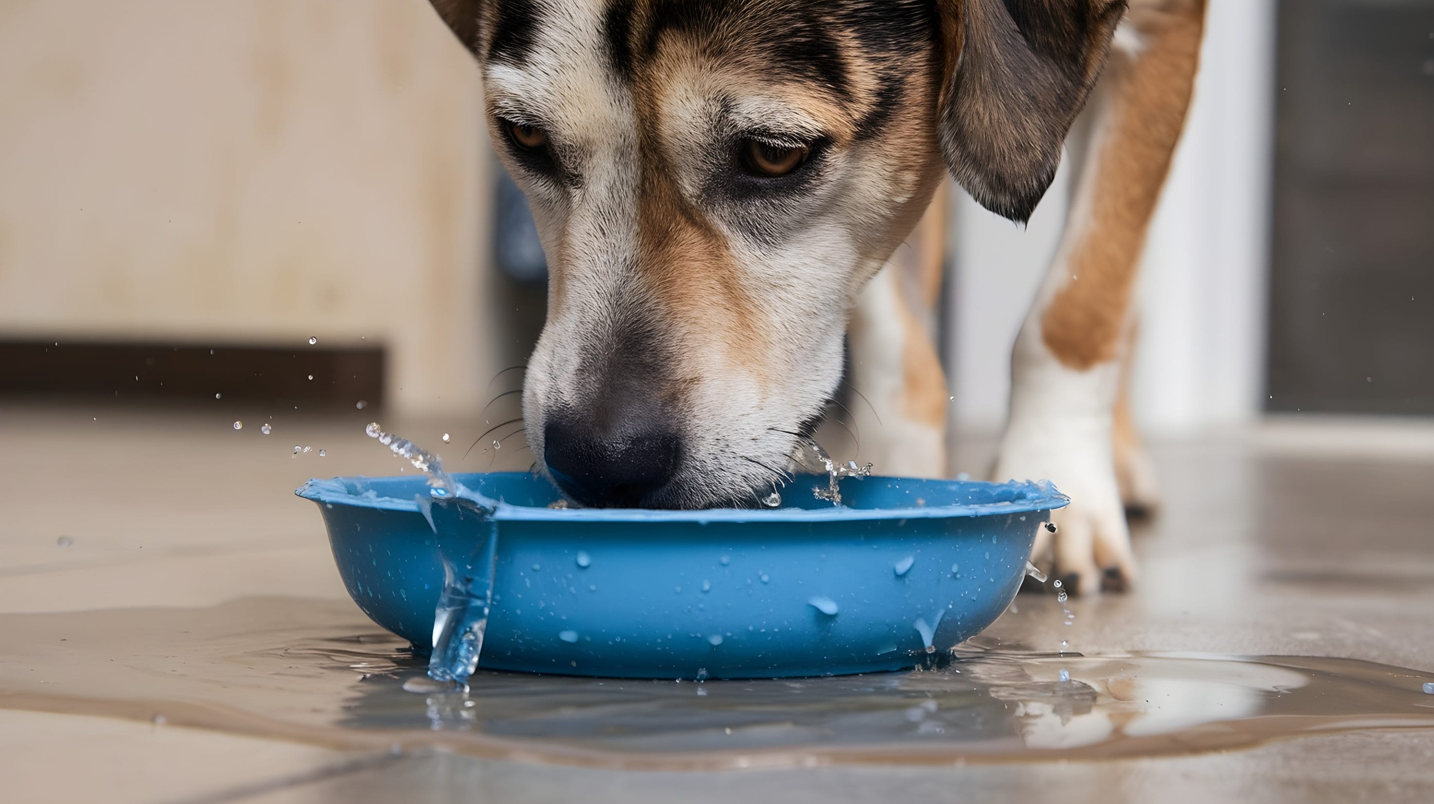 Dog Drinking Filtered Water from Blue Bowl
