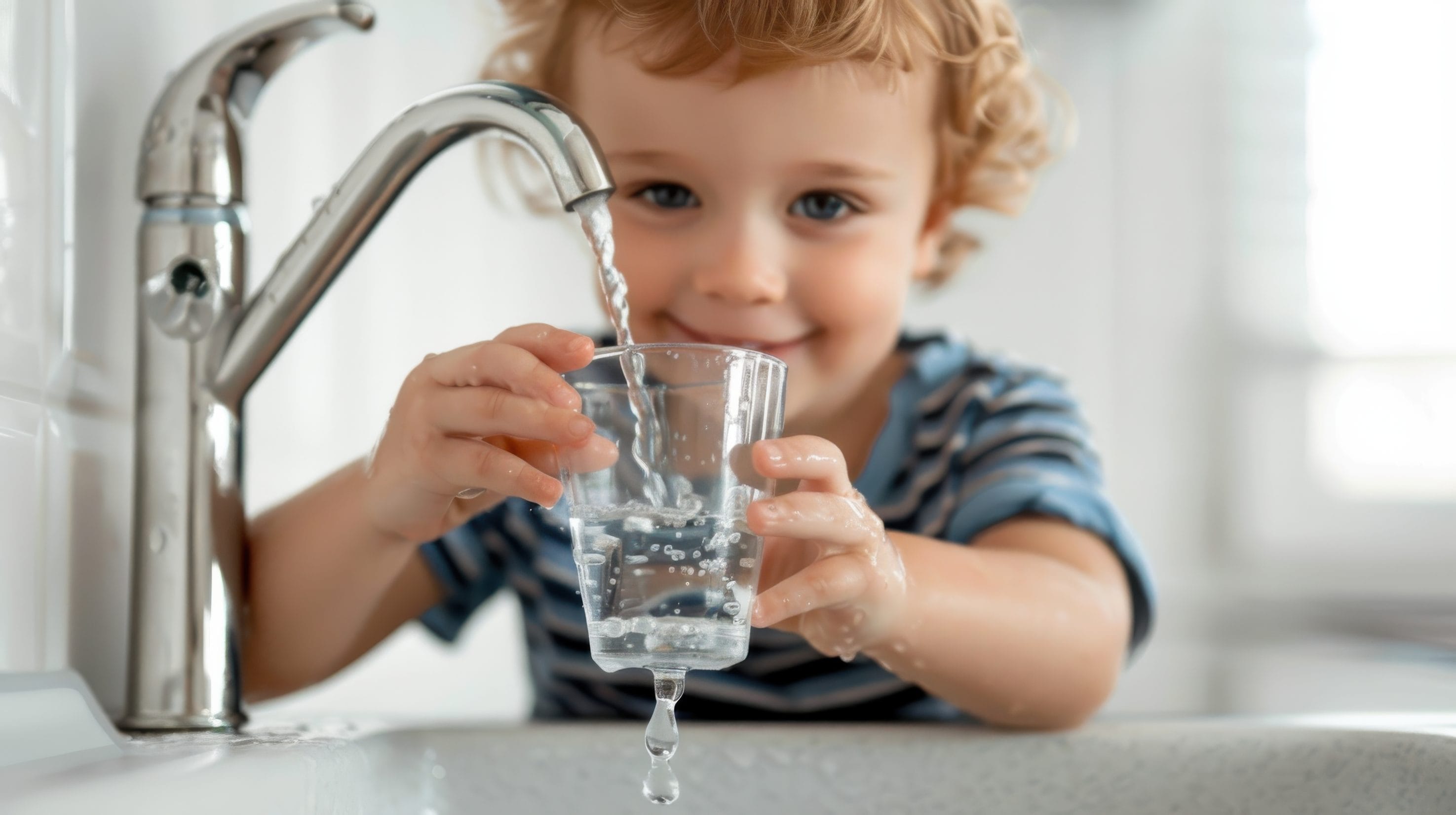 Child Filling Glass with Water from Kitchen Tap
