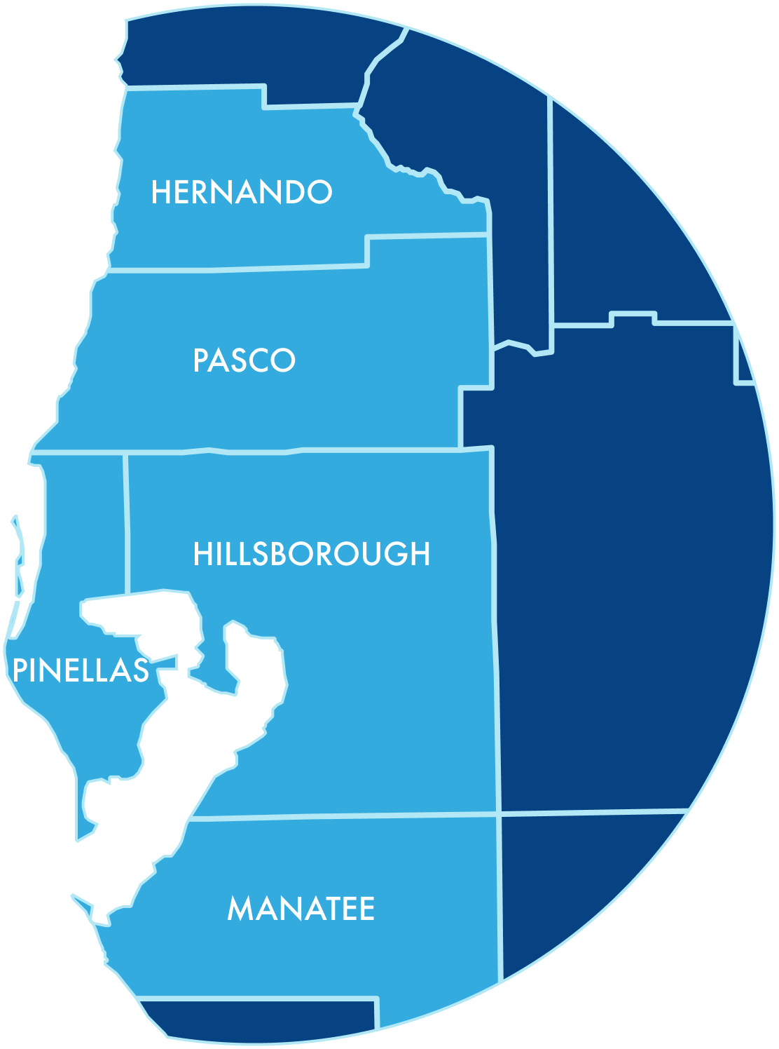 Map of Florida counties serviced by water filtration company including Hernando, Pasco, Hillsborough, Pinellas, and Manatee
